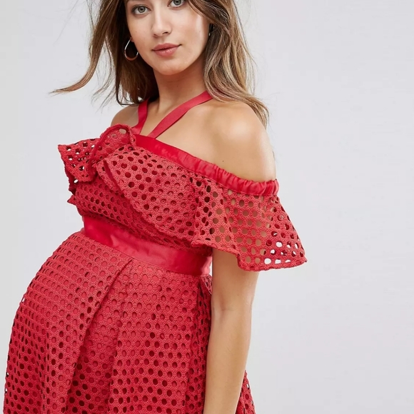 ASOS Maternity Dresses & Skirts - Nwt ASOS Cold Shoulder Maternity Red Eyelit Lace Circles Red Dress